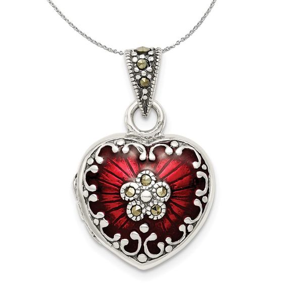 Silver Red Enamel and Marcasite Antiqued Heart Locket Necklace - 20 In